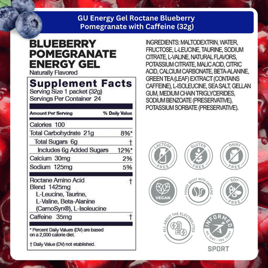 GU Energy Gel Roctane Blueberry Pomegranate with Caffeine (24 x 32g)