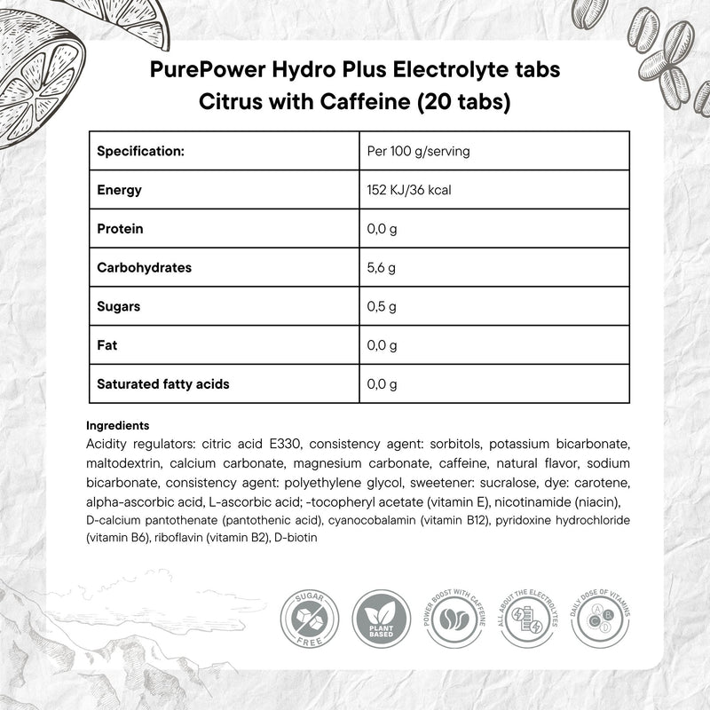 Load image into Gallery viewer, PurePower Elektrolyte Tabs Citrus with Caffeine (20 tabs)
