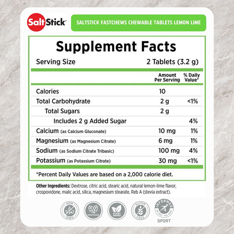 Load image into Gallery viewer, SaltStick Fastchews Chewable Tablets Lemon Lime 60 Chews English Nutrition Facts Table
