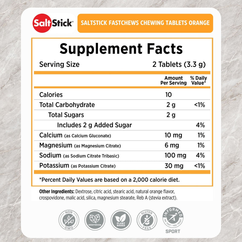 Load image into Gallery viewer, SaltStick Fastchews Chewing Tablets Tart Orange 60 Chews English Nutrition Table
